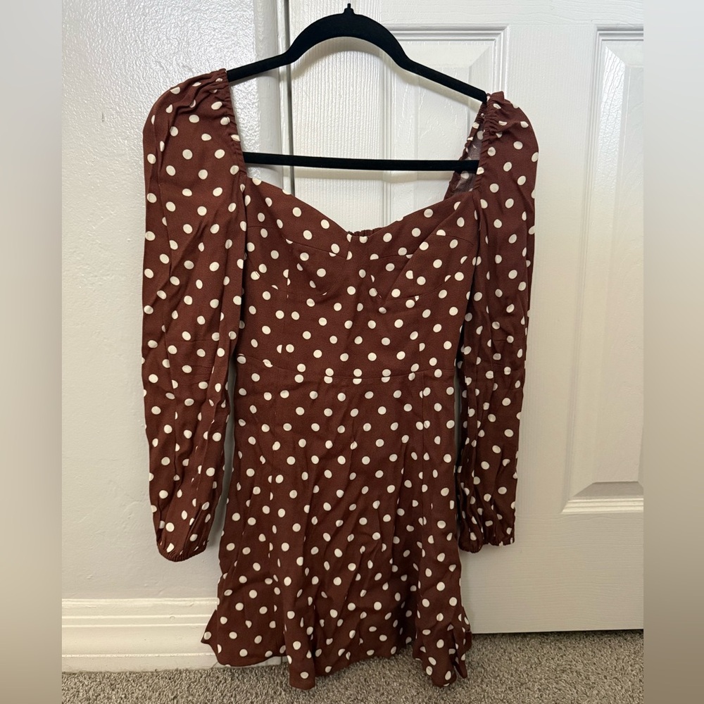 Reformation Juliette Brown Polka Dot Long Sleeve Dress - Picture 3 of 5